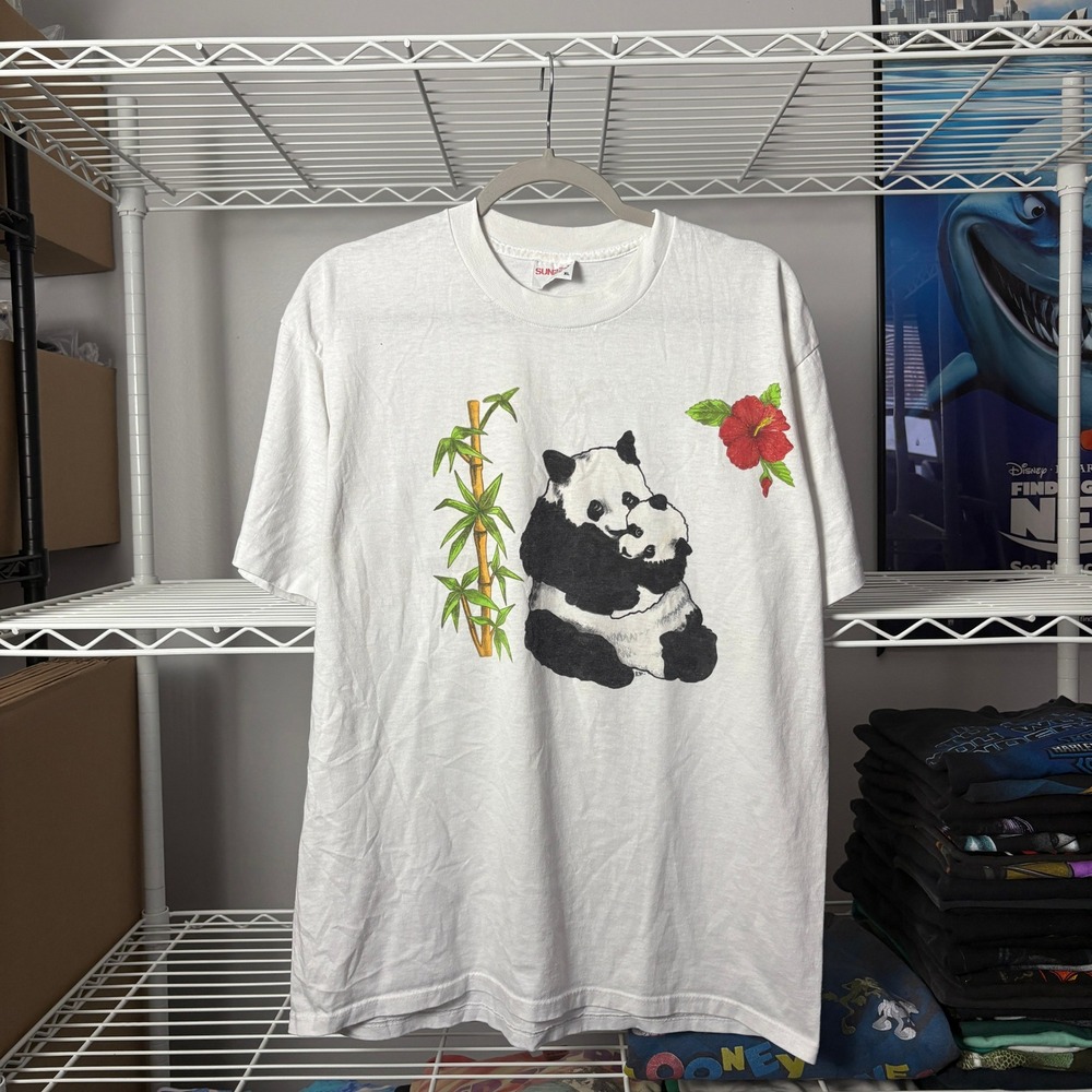 Vintage‎ Sunbelt Sportswear Mens XL Panda Bamboo Hibiscus Graphic T Shirt White